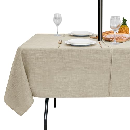 LUSHVIDA Outdoor Tablecloth with Umbrella Hole - Patio Table Cloth Zippered Rectangle 60x84 Inch, Linen-Look Polyester Table Cover Water Resistant for Picnic Outside, Natural Color