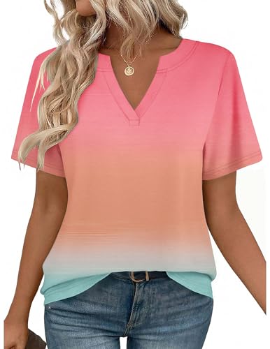 Zeagoo Womens Summer Tops Casual Rolled Short Sleeve V Neck Shirts Business Dressy Work Blouses Outfits Pink XL