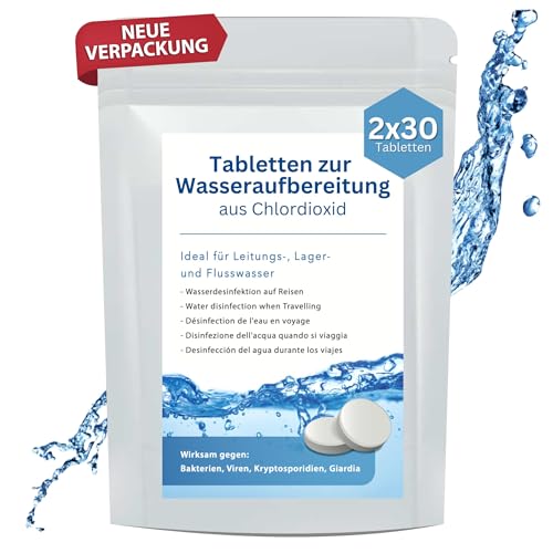 Wasseraufbereitung Trinkwasser (2x30 Tabletten) - Wasserentkeimung & Trinkwasseraufbereitung - Chlordioxid Tabletten - Blackout Notfallrucksack - Notfall Ausrüstung