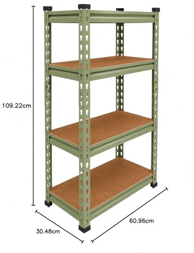 Image of BonKaso Adjustable 4-Shelf Metal Storage Rack | Heavy-Duty Steel Boltless Rivet Utility Shelving Unit for Garage, Kitchen & Office | 43 Inches Height (43 x 24 x 12 in) - Olive Green