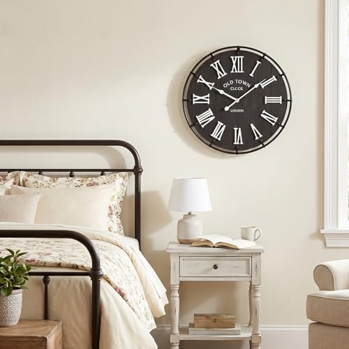 Image of EMAX HOME 20 Inch Large Farmhouse Wall Clock, Rustic Black Distressed Wood Grain Face with White Roman Numerals, Silent Non-Ticking Quartz Movement, Metal Frame Wall Decor for Living Room, Bedroom.