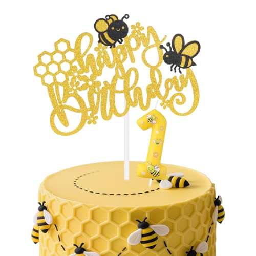 mciskin Honeybee - Juego de velas de primer cumpleaños, vela amarilla número 1 para pastel, decoraciones de primer cumpleaños para niñas y niños, bonitas velas de abeja para cumpleaños de niños y