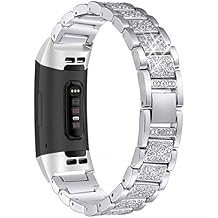 Bling Bands Compatible with Fitbit Charge 6/Charge 5, Dressy Metal Bracelet Luxurious Rhinestone Replacement Wristband for Women, Silver Black Gold