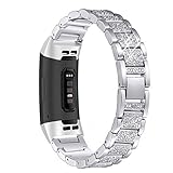 Mtozon Metal Bands Compatible with Fitbit Charge 3, Replacement Metal Rhinestone Bling Bracelet Wristband for Women, Silver