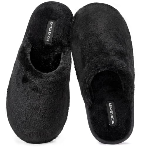Image of Snug Leaves Women's Fluffy Memory Foam Slip On Slippers with Cosy Faux Fur Lined House Shoes for Ladies Black, 7-8 UK