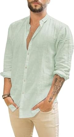 Camicia Uomo Riga Larga Collo Coreano Manica Lunga Lino Sartoriale Vari Colori - Foto 4