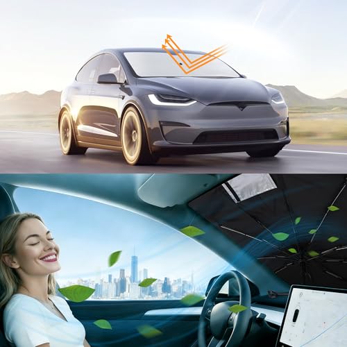 Image of Windshield Sun Shade Umbrella for 2016-2026 Tesla Model X Tesla X | Full covered for windshield, Block UV Rays, Heat Reduction, Easy to install, Durable & Fold Up Small