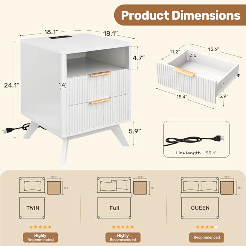 Image of Modern Nightstand Set of 2,Side Table with Charging Station,Bedside Tables with Drawer, Mid-Century End Tables for Bedroom, Sturdy Storage Side Tables,White