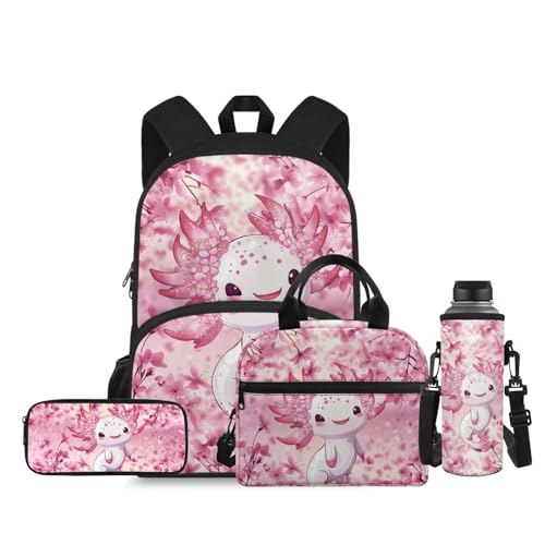 Ystardream Fashion Axolotl Backpack with Lunch Box Set 15 Inch Elementary School Bags for Girls School Book Bag with Zipper Pencil Case,Water Bottle Sleeve Cherry Blossom Daypack Satchel Rucksack