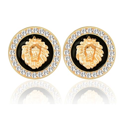 Basketball Wives Sparkling Rhinestone Lion Head Round Stud Earrings with Crystal Black Enamel Women Costume Cocktail Party Night Out Jewelry (Gold)