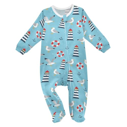 Emelivor Nautical Seagull Blue Lighthouse Unisex Baby Newborn One-Piece Pajamas Cotton Sleepwear Outfits for Boy Girl Kids