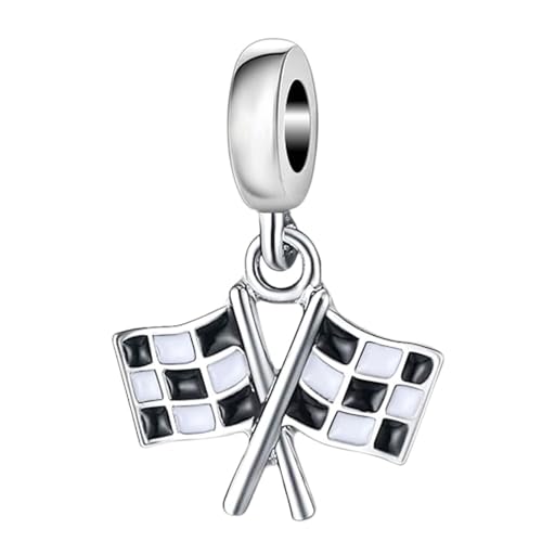 925 Sterling Silver Dangling Black and White Checkered Flags Birthday Charm Charms for Pandora Bracelet