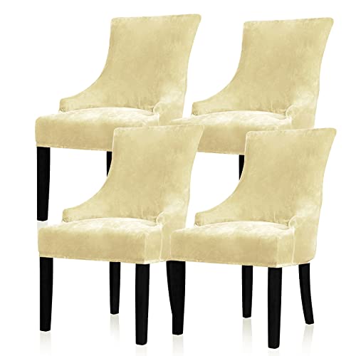 Lellen Velvet Stretch Wingback Chair Cover Slipcover - Reusable Protector Cover for Dining Room Banquet Home Decor etc Machine Washable Hand Washable (Set of 4, Cream)