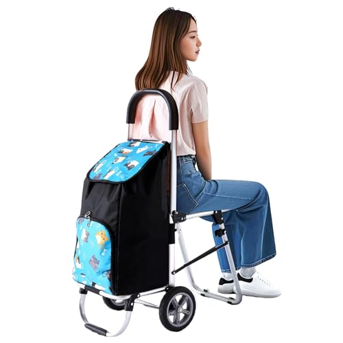 FORRTY Chariot Courses Escalier Avec Siège, Caddie De Courses Pliable Pour Seniors, Chariot Léger Aluminium, Roues Silencieuses,Trolley Portable Pour Courses,Voyage Et Extérieur(Bleu,Wheel)