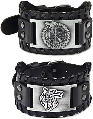 Sehaby 2 Pieces Handmade Braided Leather Bracelet, Nordic Wolf Head, Silver Viking Wide Cuff Bracelet, Runic Compass Bracelet, Vintage Jewelry, Fashion Bracelet for Women Men (SY058-YLonglang-PSL)