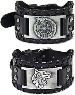 Sehaby 2 Pieces Handmade Braided Leather Bracelet, Nordic Wolf Head, Silver Viking Wide Cuff Bracelet, Runic Compass Bracelet, Vintage Jewelry, Fashion Bracelet for Women Men (SY058-YLonglang-PSL)