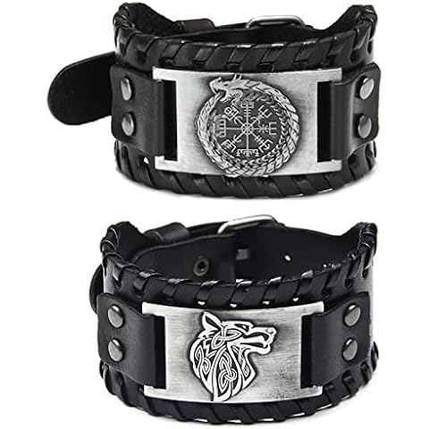 Sehaby 2 Pieces Handmade Braided Leather Bracelet, Nordic Wolf Head, Silver Viking Wide Cuff Bracelet, Runic Compass Bracelet, Vintage Jewelry, Fashion Bracelet for Women Men (SY058-YLonglang-PSL) Cover