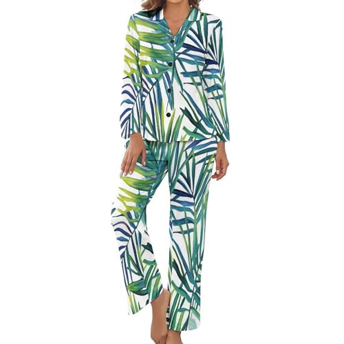 Pyjama femme grande taille : ensemble d'été imprimé palmiers tropical aquarelle