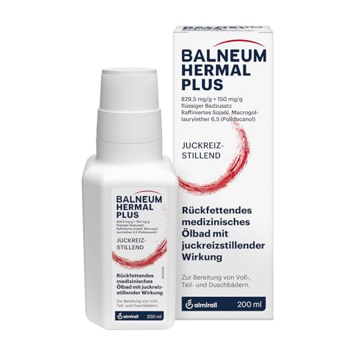 Balneum Hermal Plus, flüssiger Badezusatz, rückfettendes medizinisches Ölbad, juckreizstillend, unterstützend bei Hauterkrankungen mit trockener, schuppender Haut, mit Sojaöl und Polidocanol, 200 ml