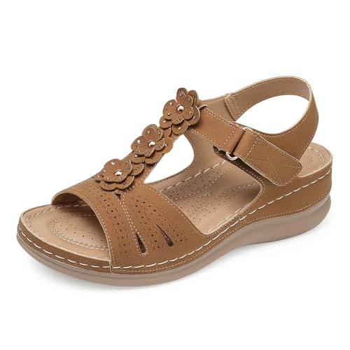 Image of SHIBEVER Dressy Wedge Women Sandals: Comfortable Arch Support Summer Sandal | Dress Orthopedic Ankle Back Strap Casual Open Toe Womens Sandals - All-Day Comfort Walking Memory Foam Flat Sandal Shoes