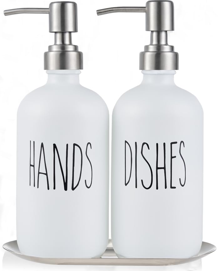Glass Soap Dispenser with Stainless Steel Pump, Modern Farmhouse Kitchen Decor, 17 Oz(2 White)