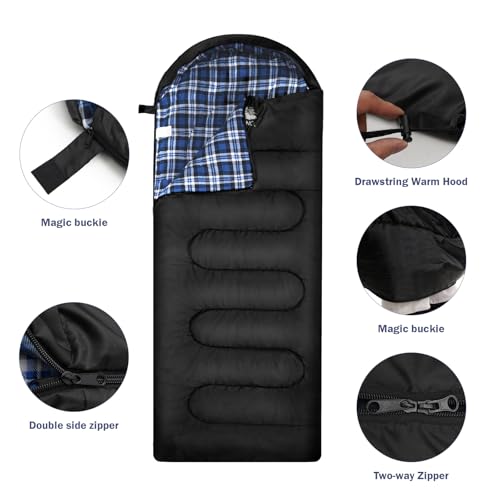 100% Cotton Flannel Sleeping Bag for Adults, Big&Tall Size Backpacking Lightweight Waterproof for Girls Boys Mens Teen for Camping Hiking Outdoor Travel with Compression Bags (59-77℉- Black/Blue) - Image 3