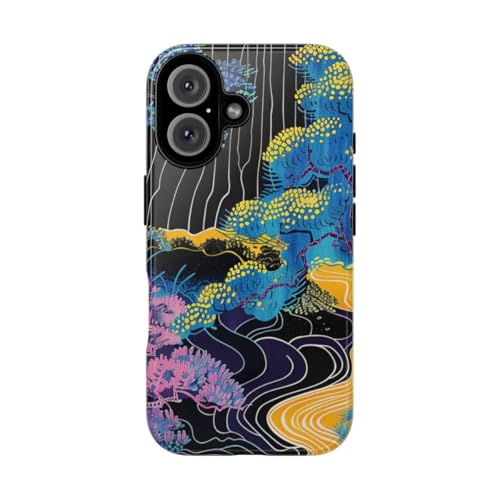Coque iPhone 16 bleu design abstrait arbres rivières protection rigide brillante