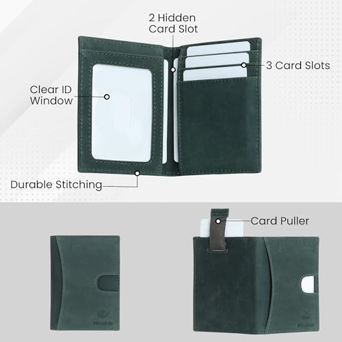 Image of Genuine Leather RFID Blocking Card Holder Wallet for Men - Slim Minimalist Front Pocket Wallet with Card Puller & ID Window - Holds 10 Cards