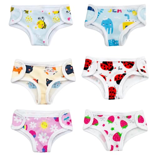 6 Pack Baby Doll Diapers for 14-18 Inch Reborn Dolls, Reusable Stuff Doll Underwear with Strawberries octopus cat bee ladybug flower Print for Newborn Boys Girls Dolls, Washable Adjustable Accessories