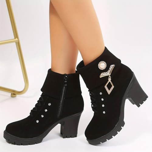 Women's Chunky Heeled Short Boots, Rhinestone Decor Lace Up Block High Heels, Fashion Side Zipper Ankle Boots3