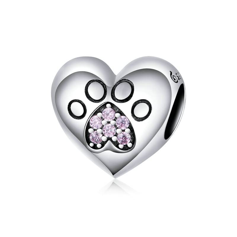 Breloque cœur en argent sterling 925 avec patte de chat ciselée pour gourmette féminine