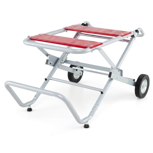 Image of COSTWAY Portable Table Saw Stand, Mobile Workbench with Wheels (Red)