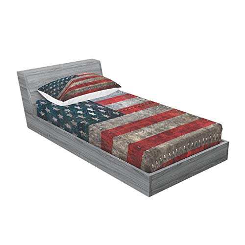 Ambesonne American Flag Fitted Sheet & Pillow Sham Set, Royalty Flag Textured Us Backdrop On Damaged Board Plate Design Artwork Print, Decorative Printed 2 Piece Bedding Decor Set, Twin, Ruby #TOP1