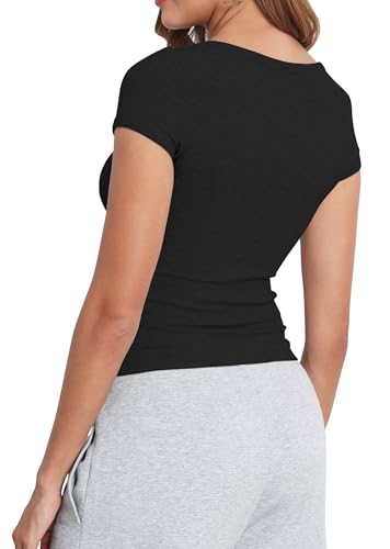 Artfish Women's Short Sleeve T-Shirts Form Fitting Ribbed Knit V Notch Scoop Neck Basic Crop Top2