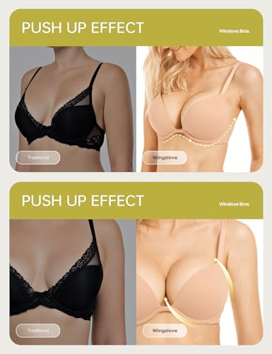 Image of Wingslove Women's Push Up Bra Deep V Plunge Underwire T-Shirt Bra Multiway 2 Cups Up