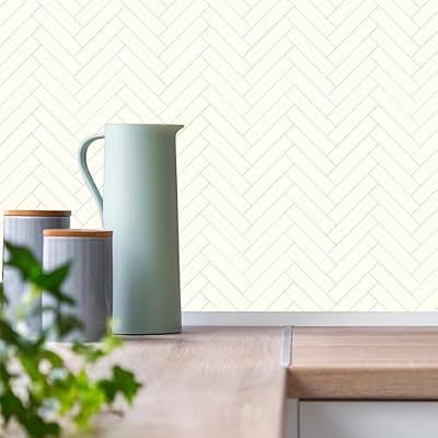 Vamos Tile Herringbone Tile Peel and Stick Backsplash - 10 Sheets Light Beige PVC Self Adhesive Tiles Stick on Wall Tile for Kitchen, Bathroom and Fireplace