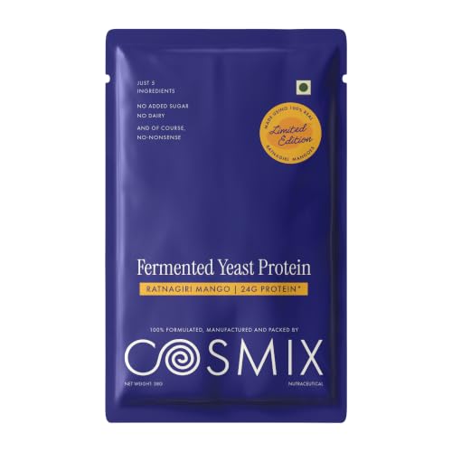Image of Cosmix Fermented Yeast Protein Powder | 24g Protein | Made with Real Mango | High Absorption with PDCAAS of 1 | No Dairy | Made In-House | Smooth, Tasty & Gut-Friendly | Ratnagiri Mango, 38g Sachet