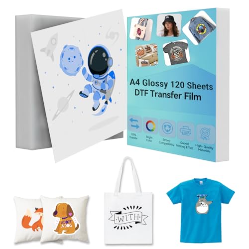 Creatorally DTF Transfer Film, Papel Transfer para Camisetas A4 Premium, Papel DTF Sublimacion Pet de Doble Cara para Todas Las Impresoras de Inyección de Tinta (120 Hojas, Brillante)