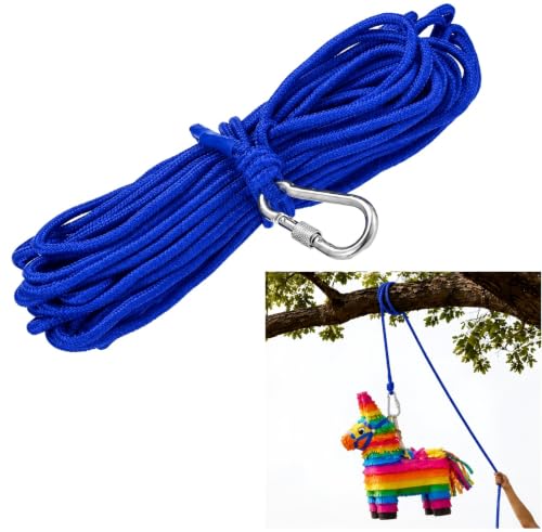 Vincreem 65.6 ft Heavy Duty Nylon Piñata Hanging Rope with D-Ring, Blue