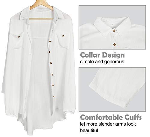 Chalier Swimsuit Cover Ups For Women Loose Long Sleeve Button Down Sleep Shirt Dress Beach Cover Up (White-S) #TOP1