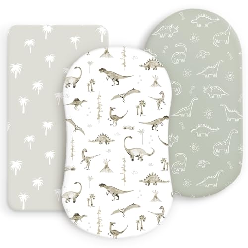 Image of Ultra Soft Stretchy Jersey Knit Fitted Bassinet Sheets 3 Pack, Universal Fitted for Baby Cradle Moses Basket Oval Rectangle Mattress Safe and Snug, Bassinet Fitted Sheets for Boy, Dinosaur Print