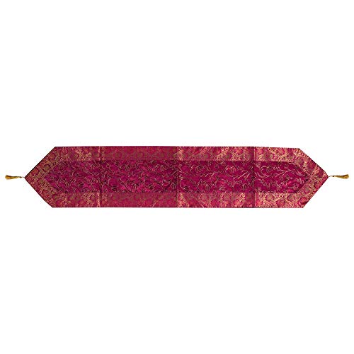 Image of Ari Zari Embroidery Table Runner for Dining Table 6 Seater 72IN Indian Satin Traditional Long Runner Up with Tassels Tablecloth for Room & Home Runner (Pink)