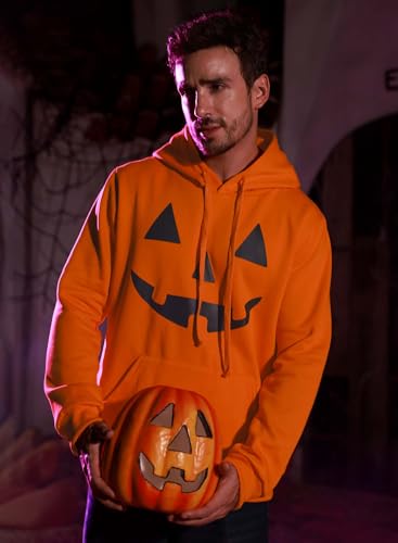 Mainfini Männer Fun Warmes Hoddie Pullover 3D Druck Hoodie Lustig Halloween Komisch Herren Kapuzenpullover Orange-Kürbis L