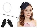Fascinators Hats 20s 50s Hat Pillbox Hat Cocktail Tea Party Headwear with Veil for Girls and Women(C-black set-1)