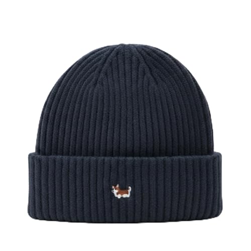 PHITALO Unisex Winter Hat, Fine Knit Beanie with Corgi Embroidery, One Size 54-59 cm, Autumn and Winter, navy