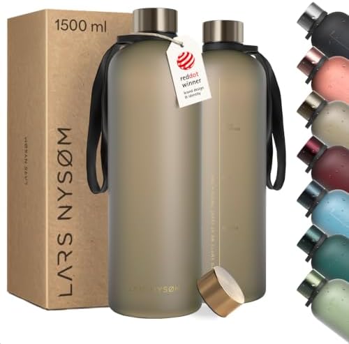 LARS NYSØM Wasserflasche 1,5l - Tritan Trinkflasche Kohlensäure Geeignet | Sportflasche mit Trageschlaufe und 2 Deckeln - Ultraleicht, bruchsicher und auslaufsicher - Trinkerinneru