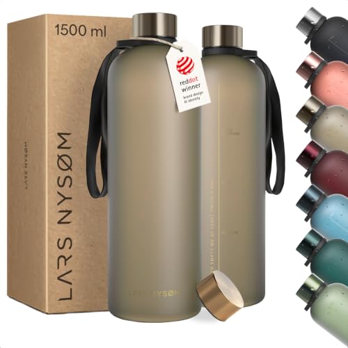 Image of LARS NYSOM Water Bottle 51oz | Drinking Bottle 1.5Liter | Ultralight Tritan Sports Flask leak-proof | Ideal for sports, office, yoga | 2 lids included (Brown /Gold, XL 50.7oz)