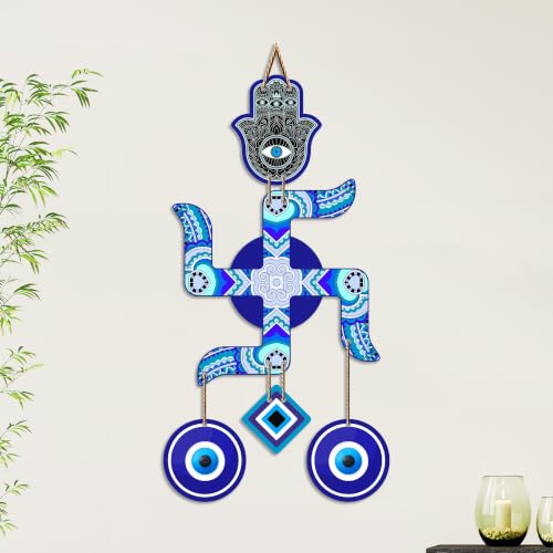Image of Artvibes Artistic Swastik Wall Hanging with Evil Eye Charms | Decorative Wooden Vastu Ornament for Home Entrance | Spiritual Decor for Prosperity | Harmony and Protection | Wall Art Gift (WH 85107N)