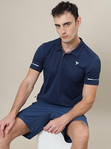 Image of TECHNOSPORT Men's Solid Slim Fit Polo Collar T-Shirt TECHNOCOOL+ Half Sleeve Button Polyester for Gym Running Workout UPF50+ Anti Odour