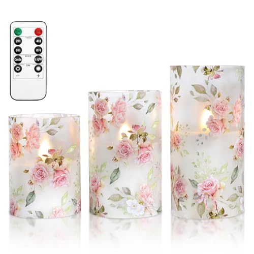 Image of Rose Flameless Candles with Remote Real Wax Blinks Glass Battery Operated Candles - Home Party Wedding Thanksgiving Christmas Summer Decor - Set of 3